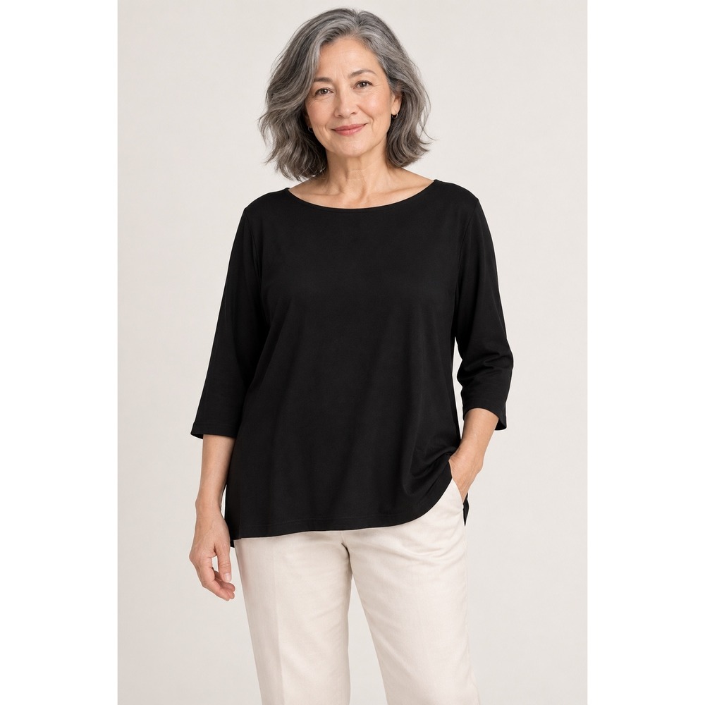 Bryn Walker Black Modal Blend 3/4 Sleeve Boat Neck Tunic Top Womens Size Large